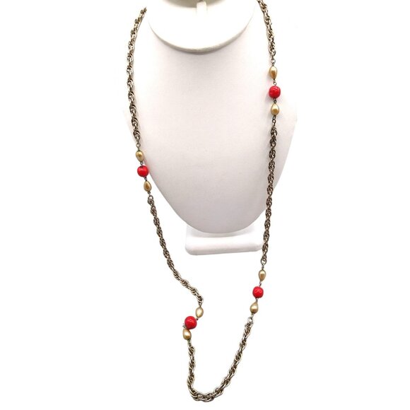 Prince of Wales Chain Vintage Station Necklace, Gold Tone with Bright Red Glass - Picture 1 of 5